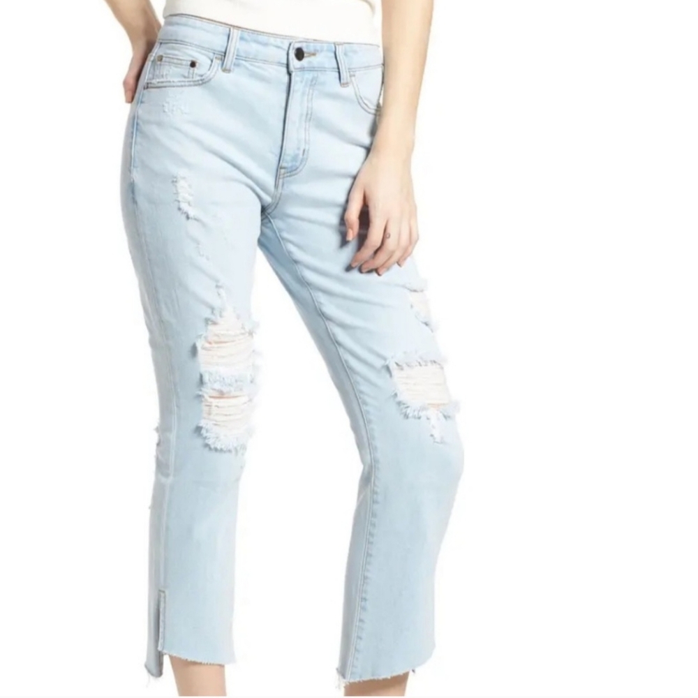 AFRM Step Hem Straight Leg Distressed Light Wash Cropped Jeans Sz 30 Lt Blue